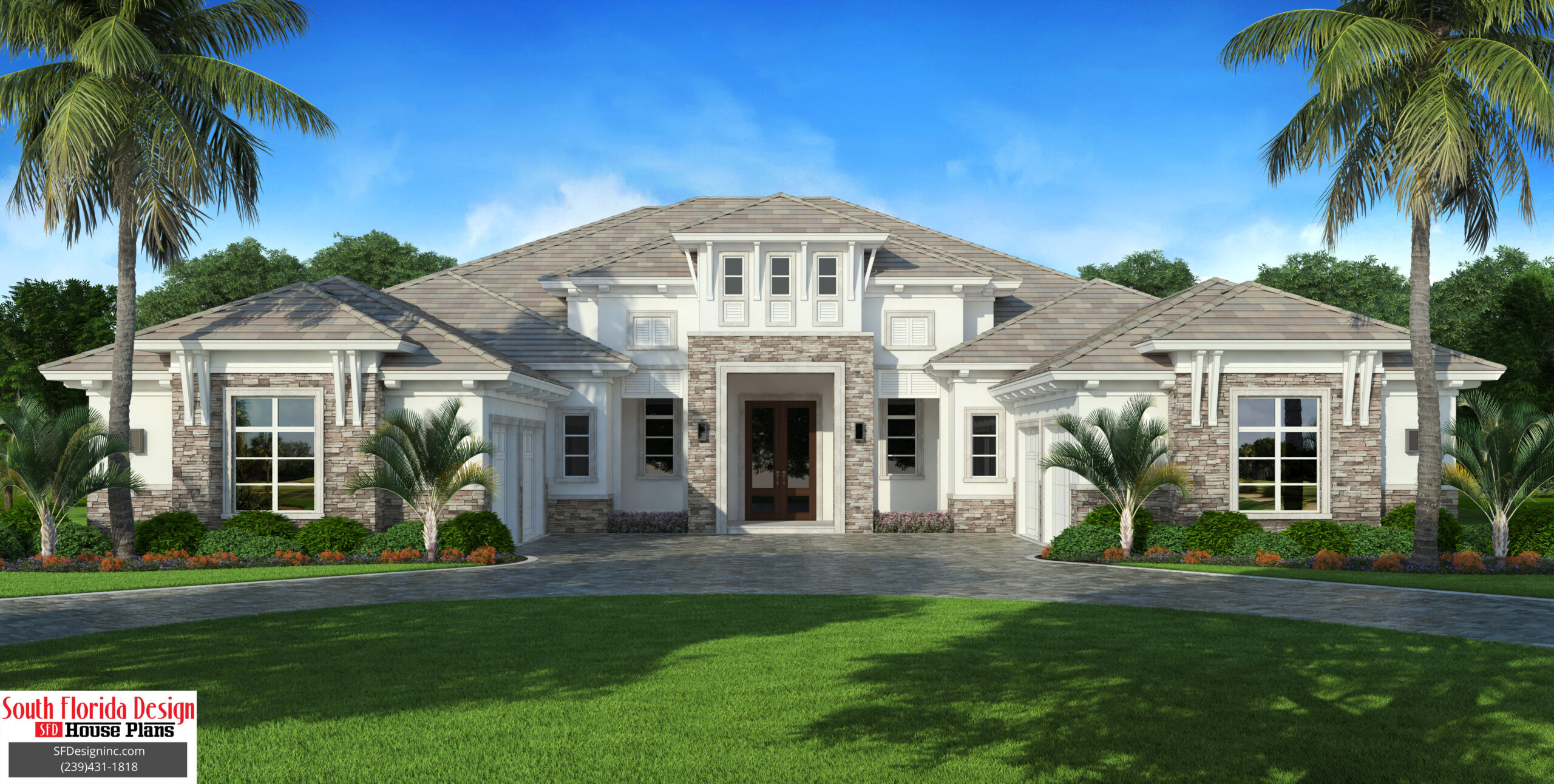 Color front elevation rending of a 1-story 5289sf house plan