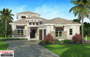 Color front elevation rendering of a 2-story 2629sf narrow lot house plan