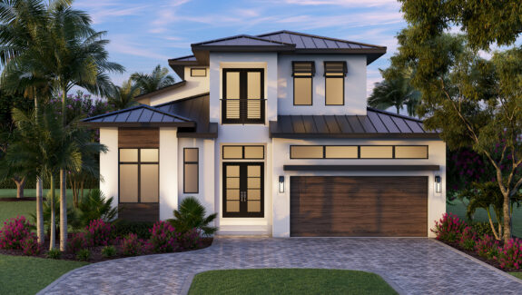 Color front elevation rendering of a 2-story 4039sf house plan