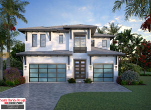 Color front elevation rendering of a 2-story 4309sf house plan