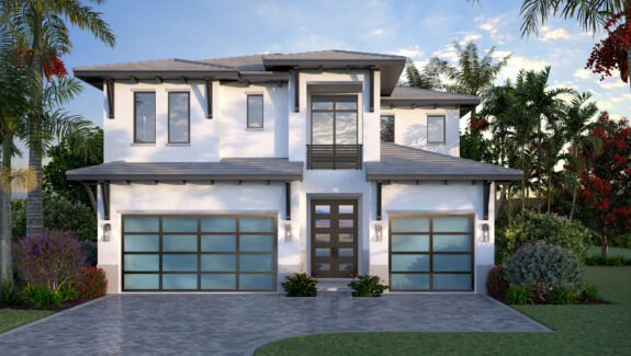 Color front elevation rendering of a 2-story 4309sf house plan