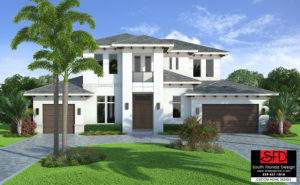 2-story coastal contemporary house plan features an open floor plan, great room, island kitchen, elevator, bonus room and lanai with outdoor kitchen