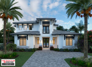 Color front elevation rendering of a 2-story 4583sf house plan