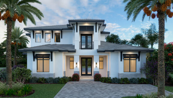 Color front elevation rendering of a 2-story 4583sf house plan