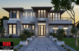 Color front elevation rendering of a 2-story 5,039sf modern house plan