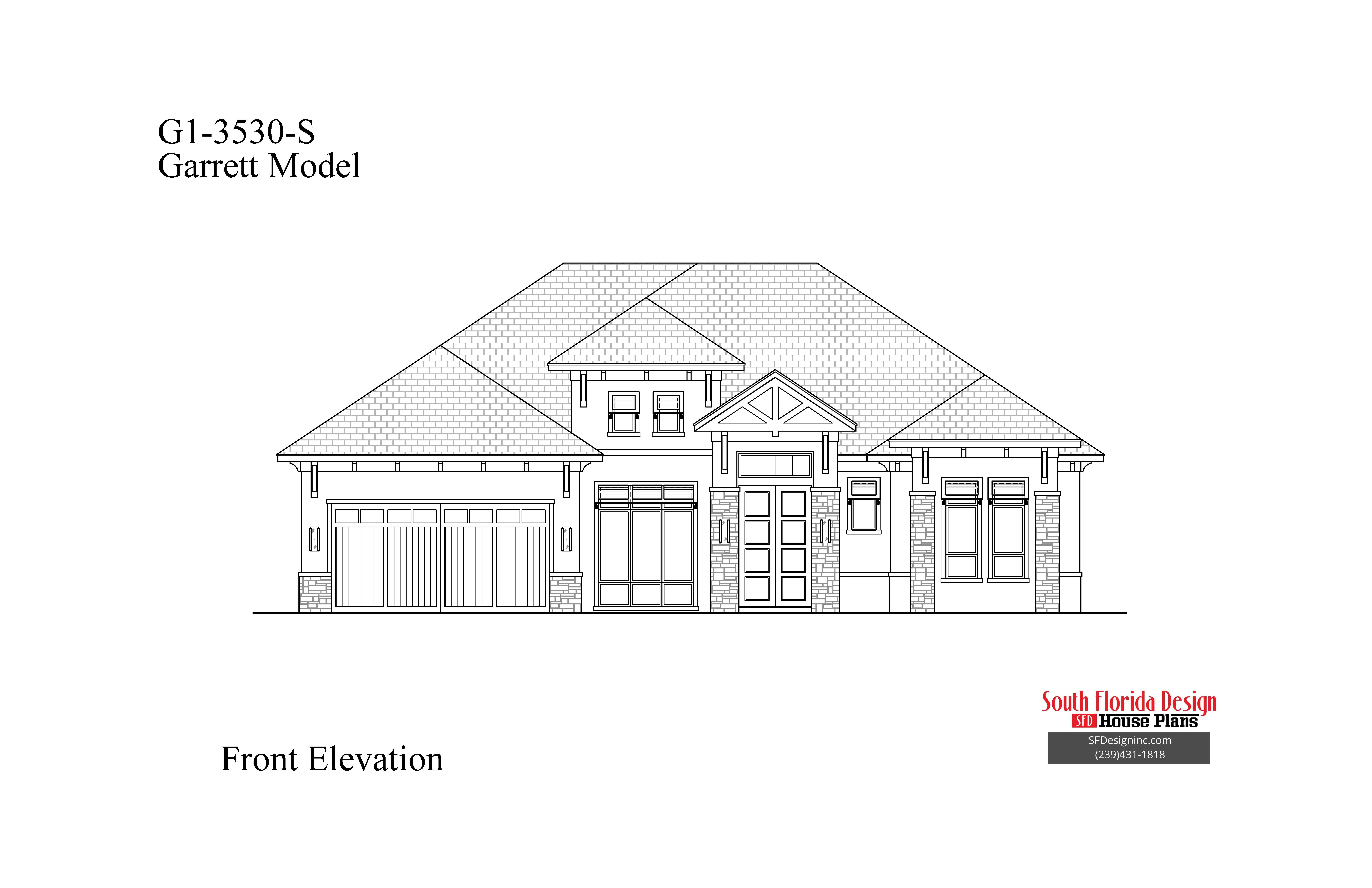 Black and white front elevation sketch of a 3530sf house plan