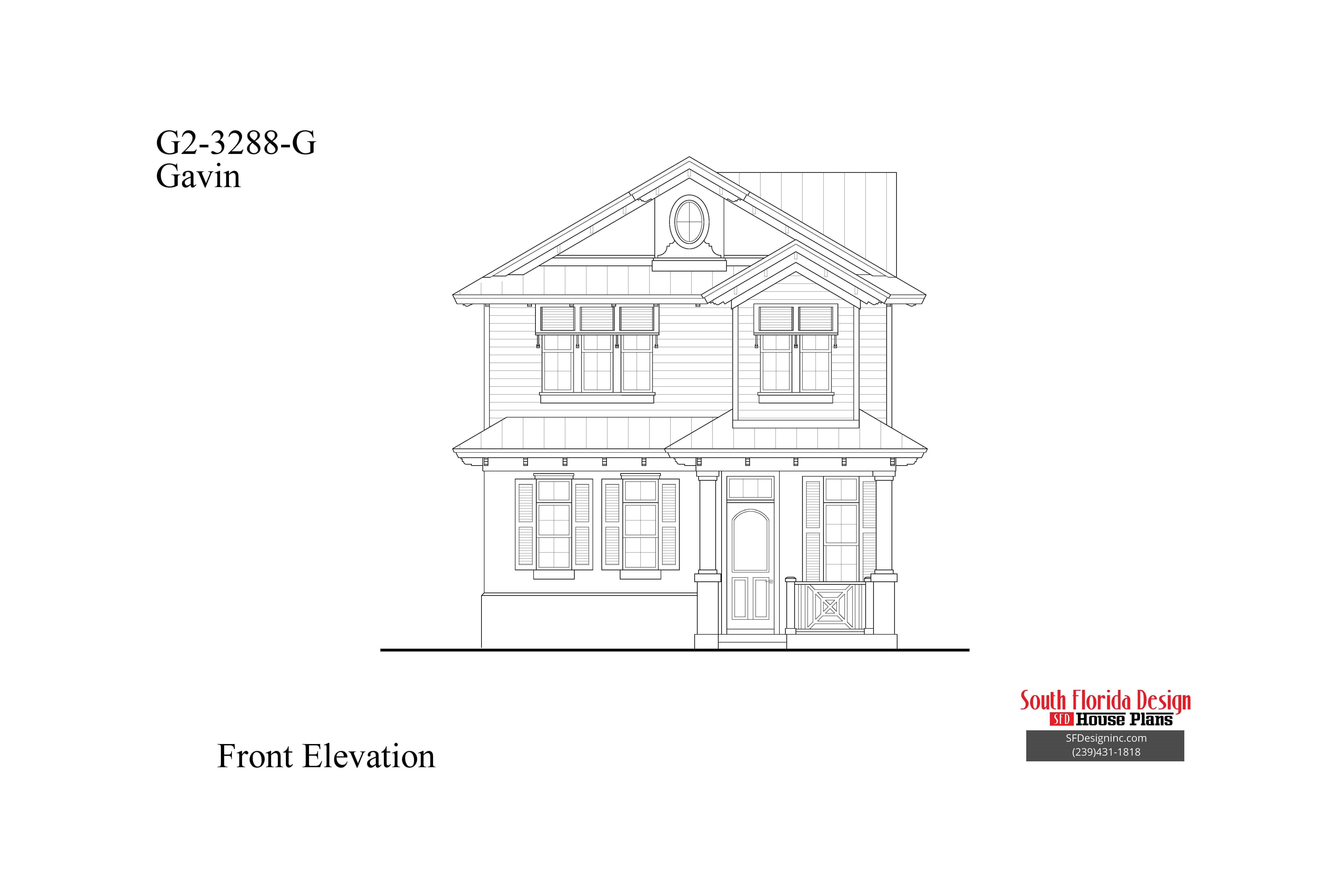 Black and white front elevation sketch of a 3288sf 2-story house plan