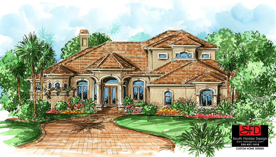 Color front elevation rendering of a 2-story 4,950sf Mediterranean house plan