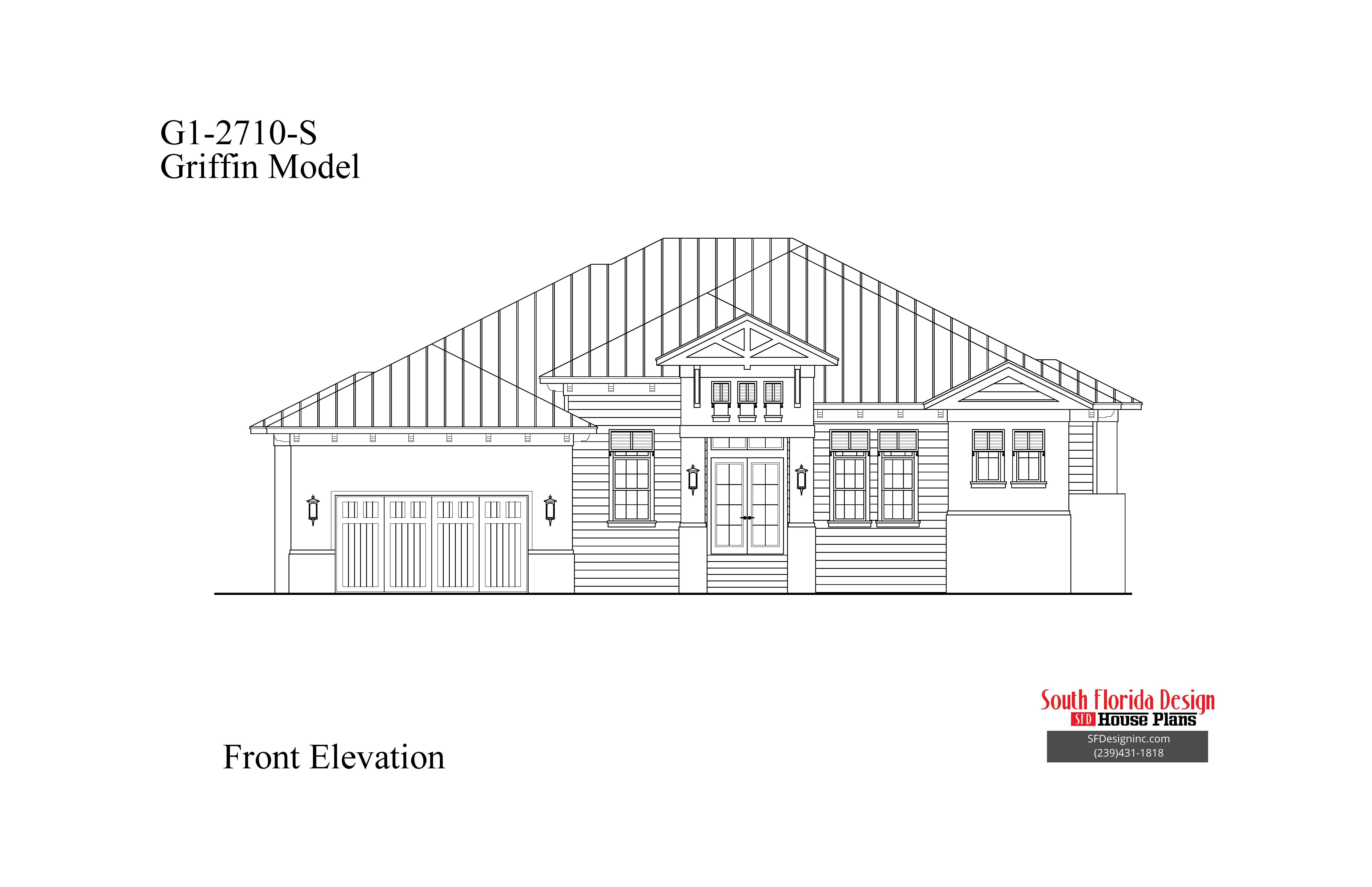 Black and white front elevation sketch of a 2710sf house plan