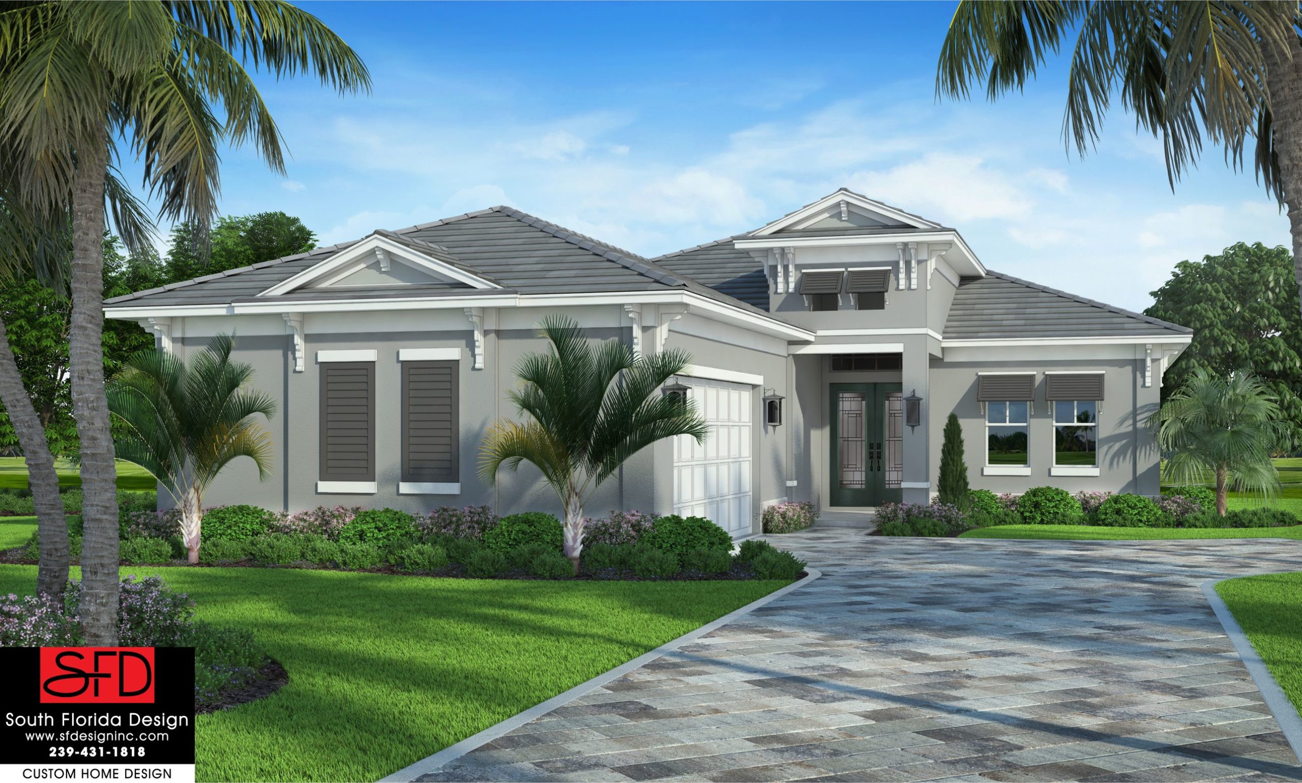 Color front elevation rendering of a 1-story narrow lot house plan