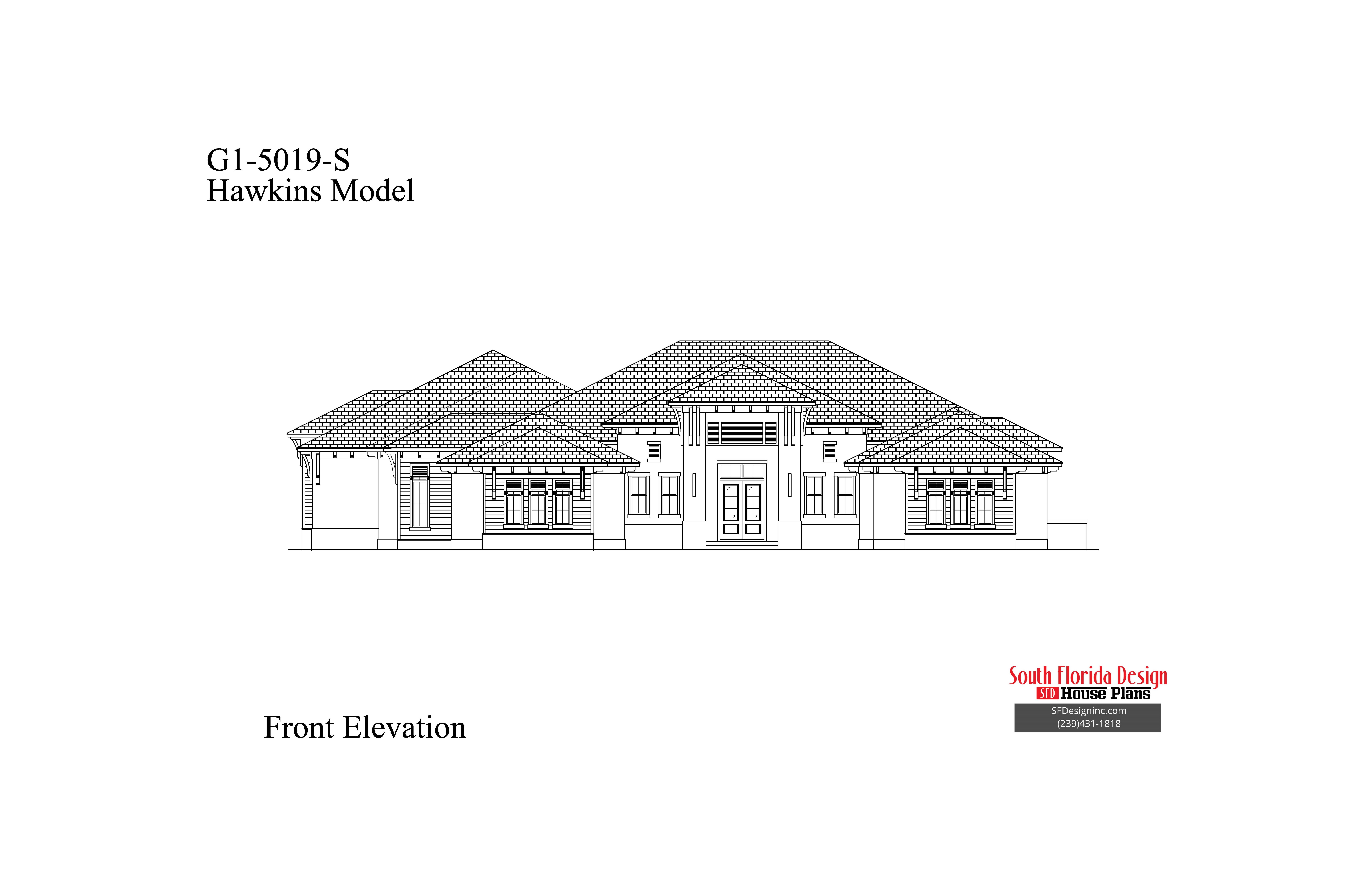 Black and white front elevation sketch of a 1-story 5019st house plan