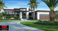 Color front elevation rendering of a modern house plan