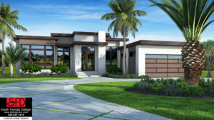 Color front elevation rendering of a modern house plan