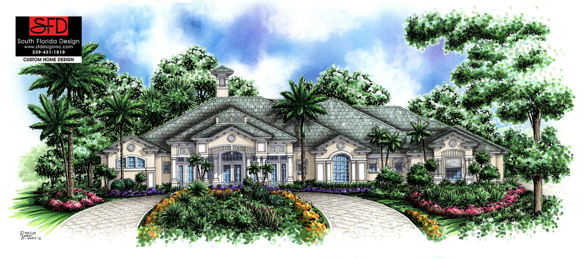 Color front elevation rendering of a European house plan