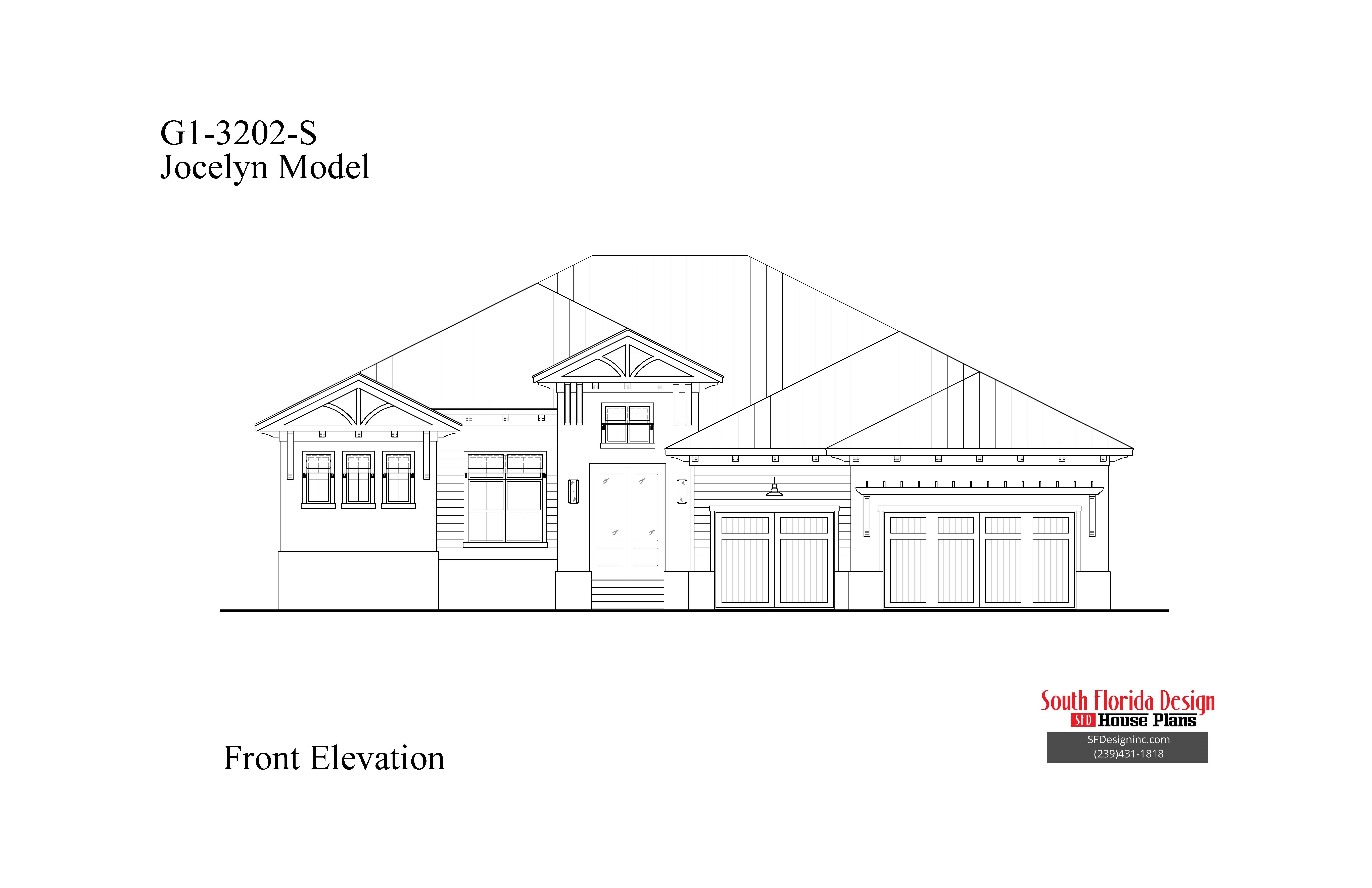 Black and white front elevation sketch of a 3202sf house plan