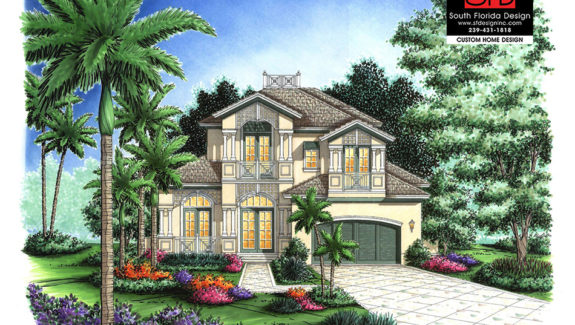 Color front elevation rendering of an Olde Florida island style house plan