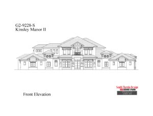 Black and white front elevation sketch of a 2-story luxury 9228sf house plan