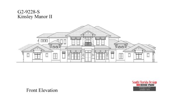 Black and white front elevation sketch of a 2-story luxury 9228sf house plan
