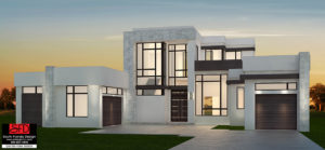 Color front elevation rendering of a modern 2-story house plan