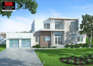 Color front elevation rendering of a 2-story 4 bedroom 5 bath contemporary house plan