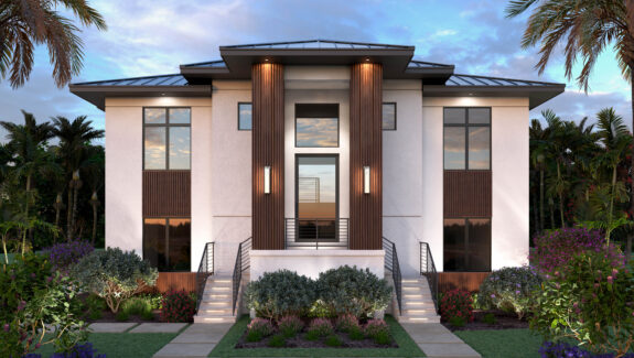 Color front elevation rendering of a 2-story 3537sf modern house plan