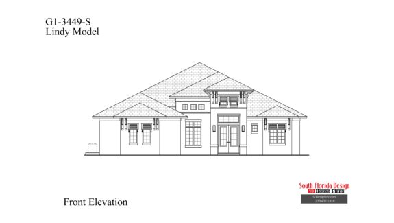 Black and white front elevation image of a 1-story 3449sf house plan