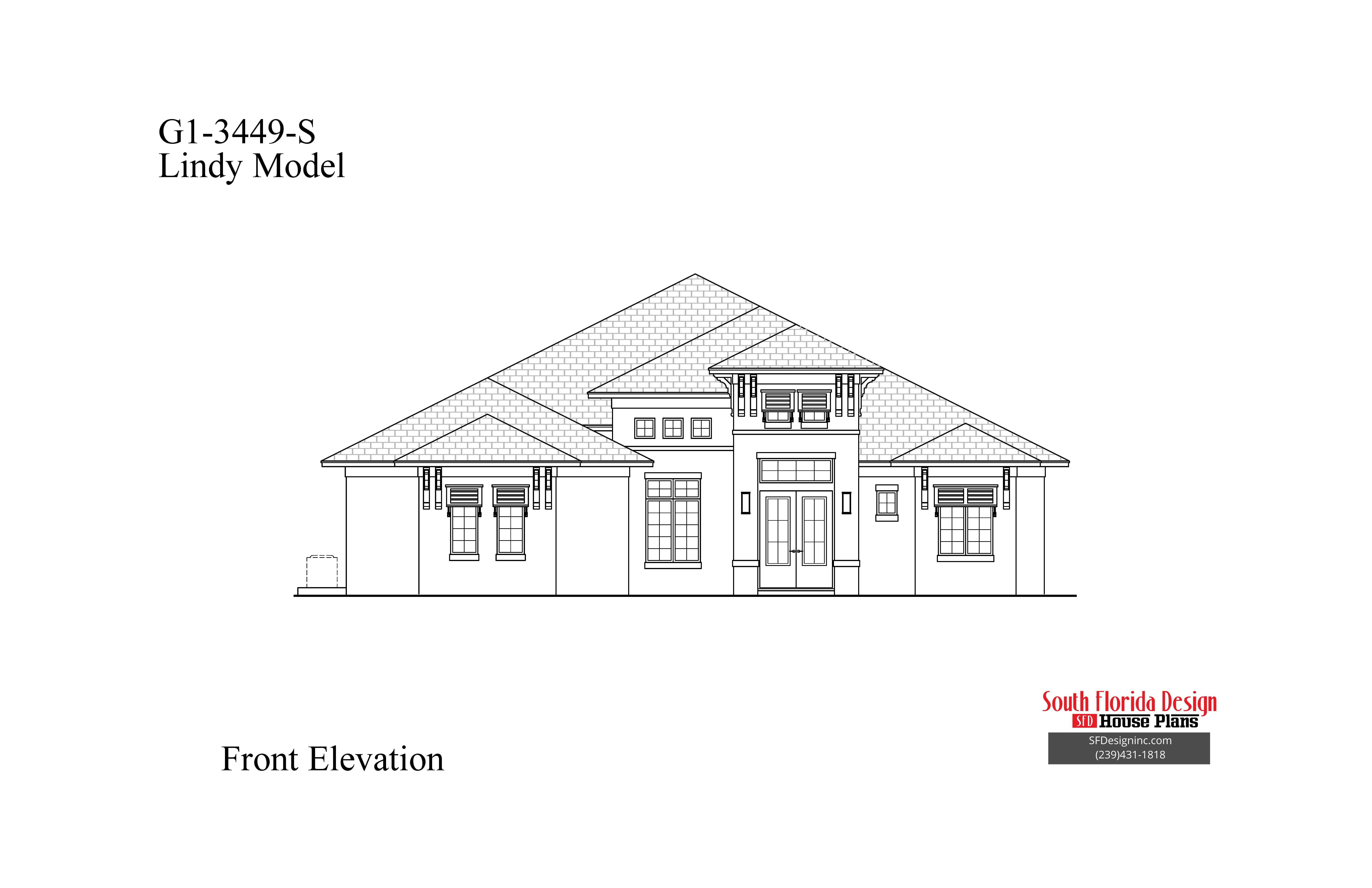 Black and white front elevation image of a 1-story 3449sf house plan