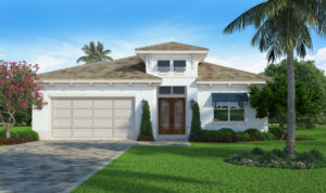 Color front elevation rendering of a narrow lot 3 bedroom house plan