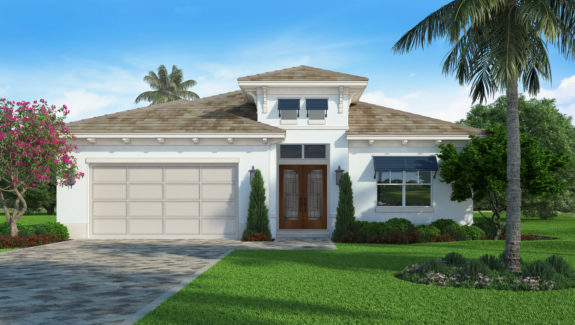 Color front elevation rendering of a narrow lot 3 bedroom house plan