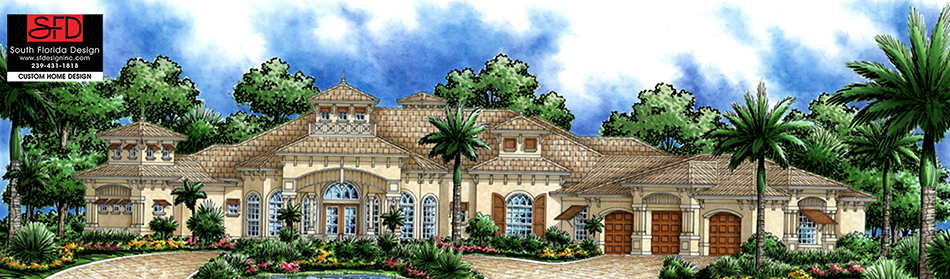 Color front elevation of a 4,173sf luxury house plan