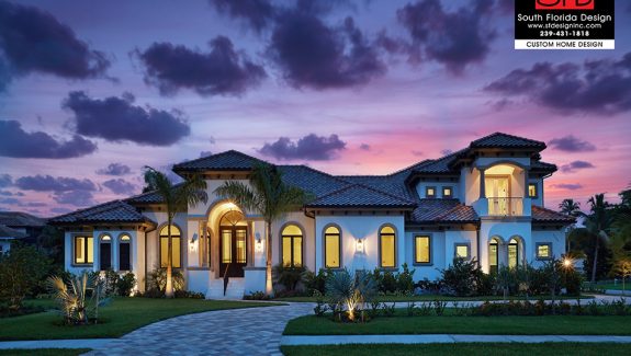 Mediterranean 2-story 5 bedroom house plan features formal living and dining rooms, upstairs rec room and covered lanai