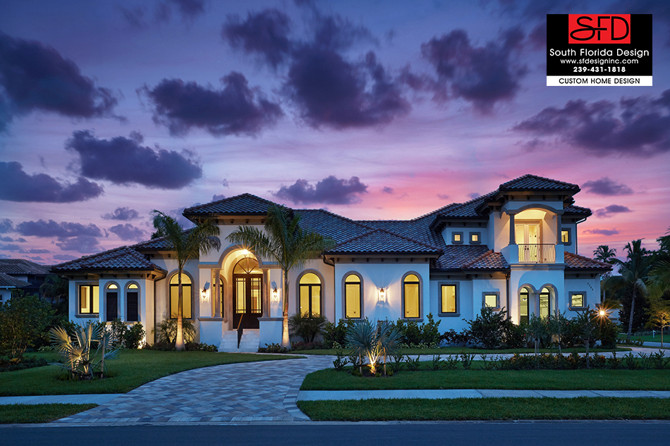 Mediterranean 2-story 5 bedroom house plan features formal living and dining rooms, upstairs rec room and covered lanai