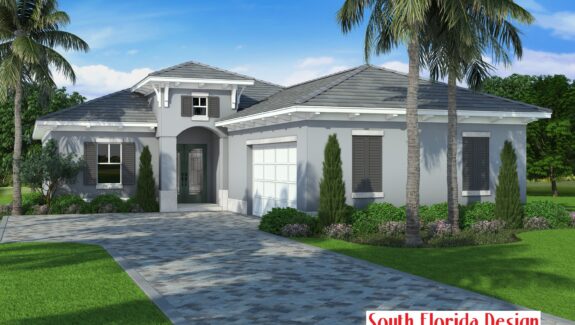 Color front elevation of a 1-story 2202sf 3 bedroom house plan