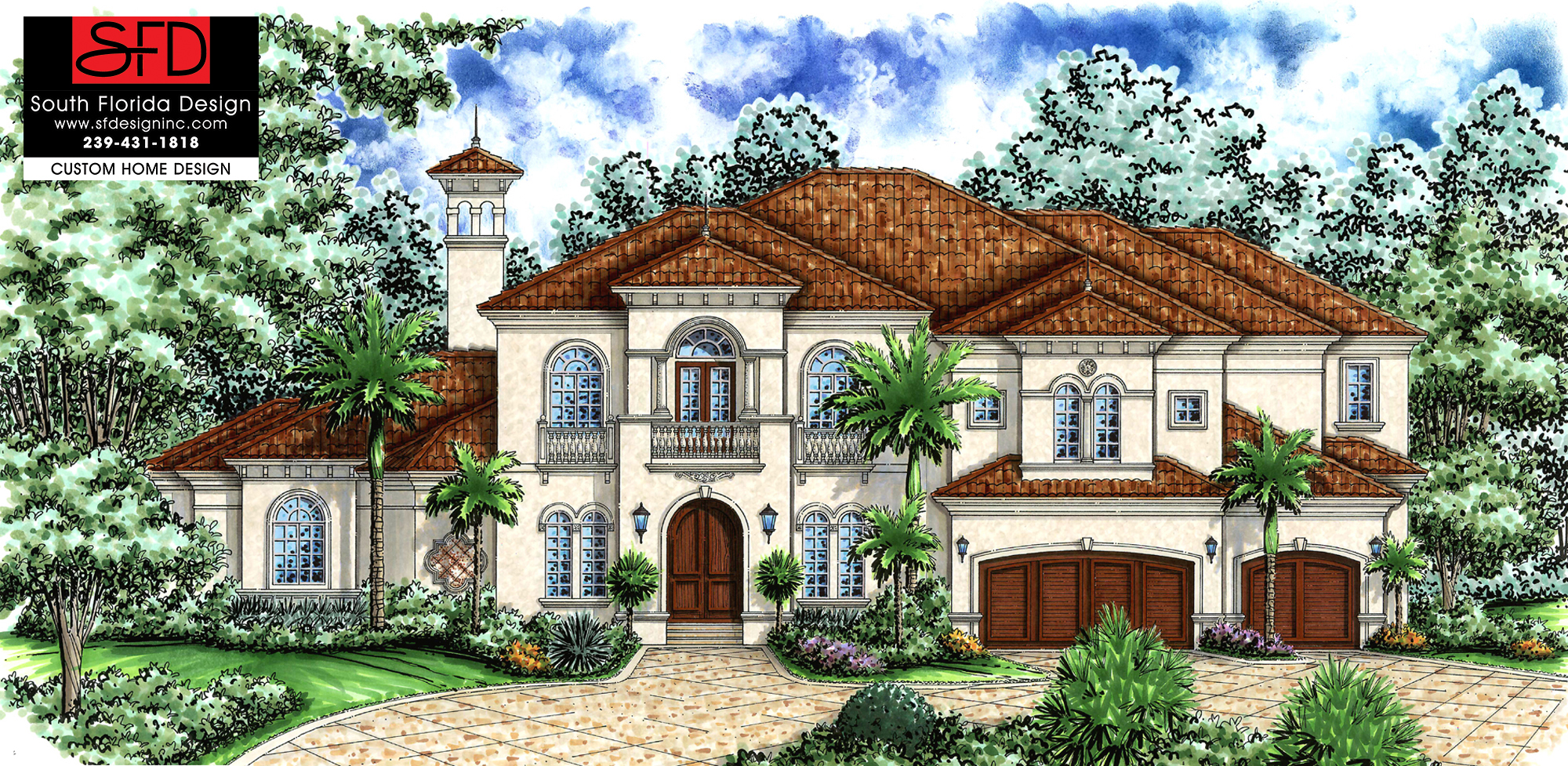 Color front elevation rendering of a 2-story 5,333sf luxury European house plan