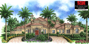 Color front elevation rendering of a 2-story 5,000sf luxury Mediterranean house plan