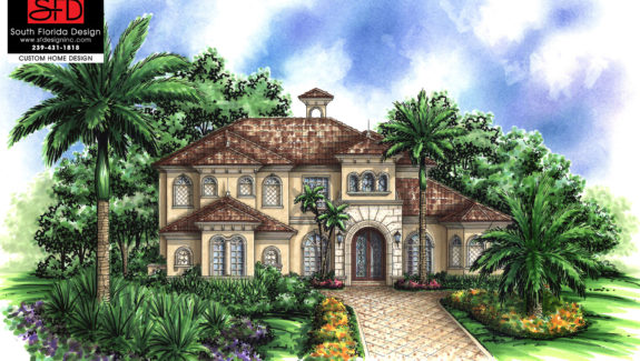 Color front elevation rendering of a 2-story luxury Tuscan house plan