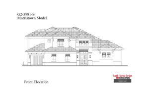 Black and white front elevation sketch of the Morristown house plan