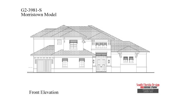 Black and white front elevation sketch of the Morristown house plan