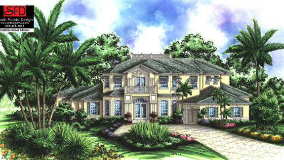 Color front elevation rendering of a 2-story luxury European house plan