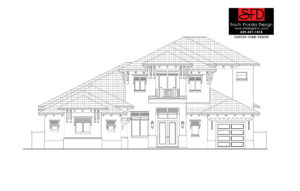 Black and white front elevation sketch of a 2-story coastal contemporary house plan