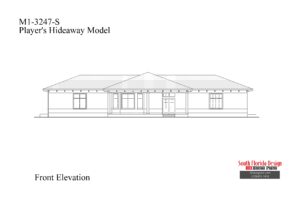 Black and white front elevation sketch of a 3247sf mancave floor plan