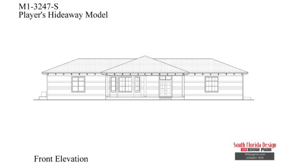Black and white front elevation sketch of a 3247sf mancave floor plan