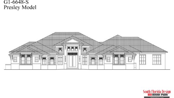 Black and white front elevation sketch of a 1-story 6648sf house plan