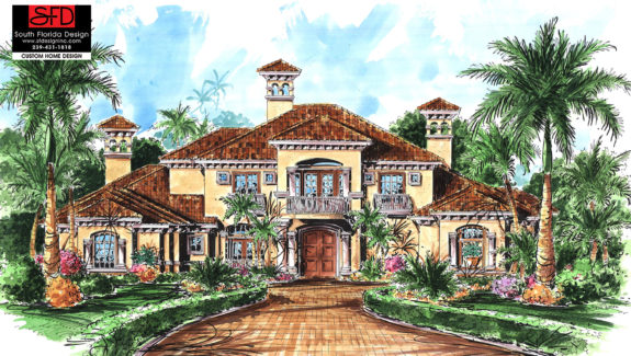 Color front elevation rendering of a 2-story luxury Tuscan home design