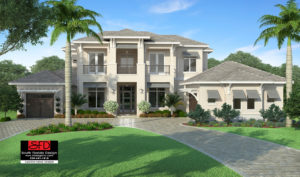 Color front elevation rendering of a 2-story 4,738sf coastal contemporary house plan