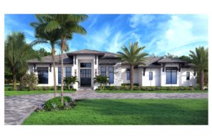 Color rendering of the front elevation for the Robyn house plan created by South Florida Design