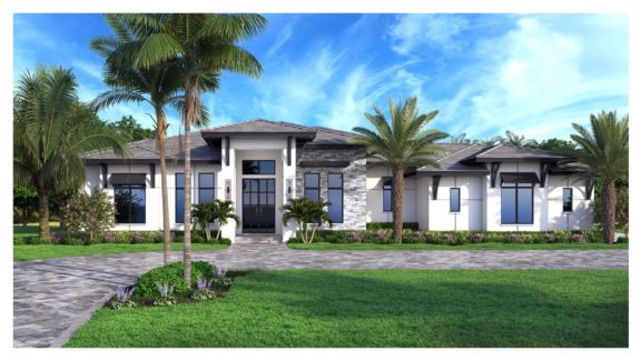 Color rendering of the front elevation for the Robyn house plan created by South Florida Design