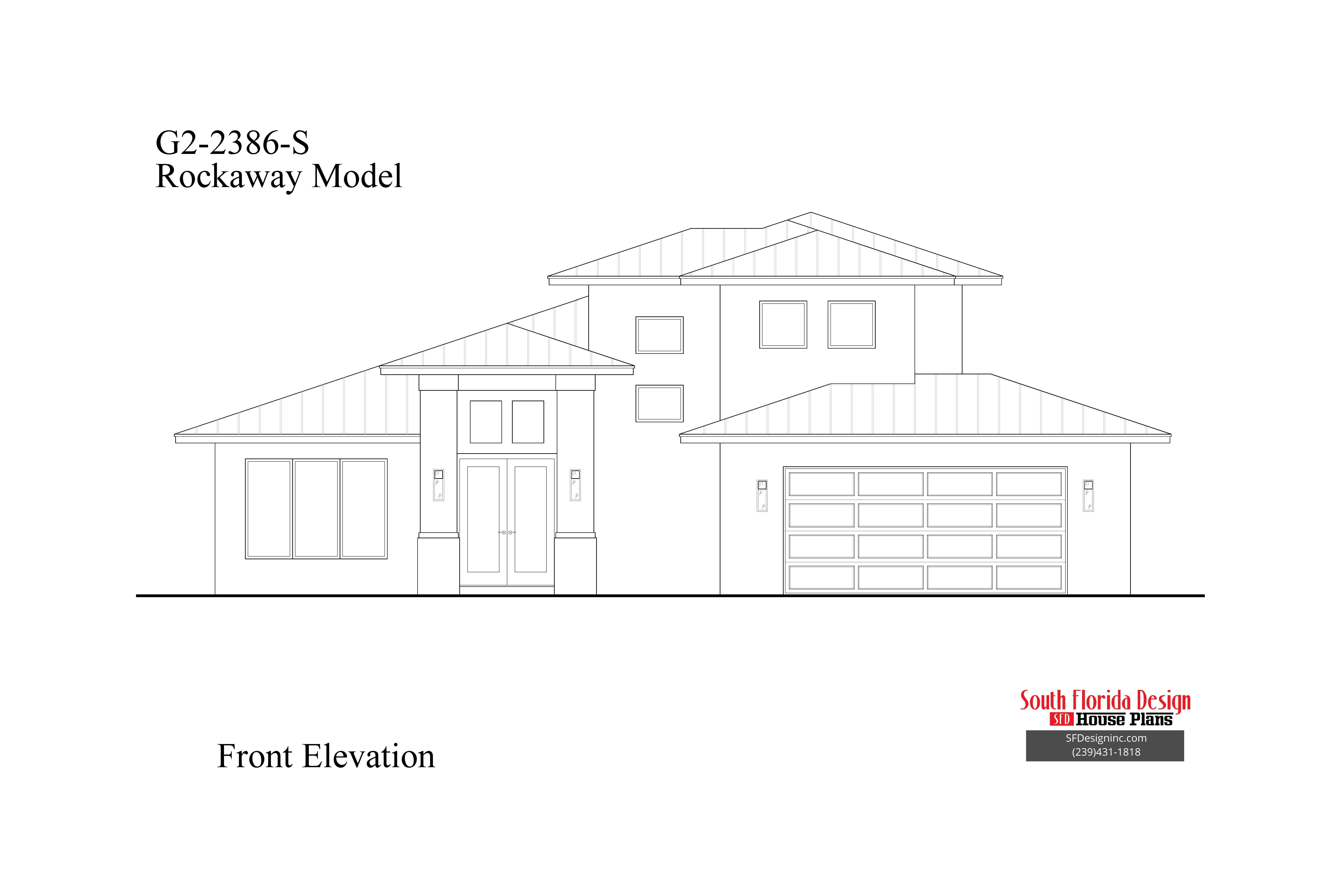 Black and white front elevation sketch of a 2-story front elevation house plan