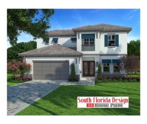 Color front elevation of a 2-story British West Indies house plan