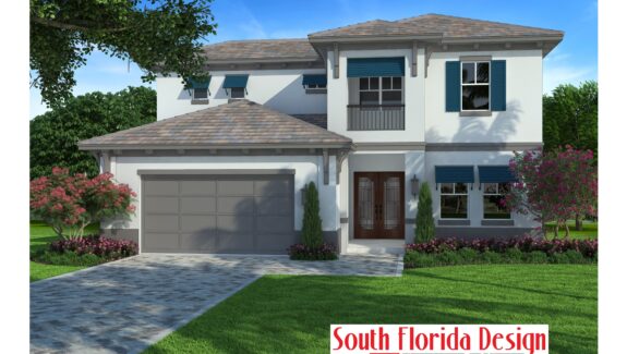 Color front elevation of a 2-story British West Indies house plan
